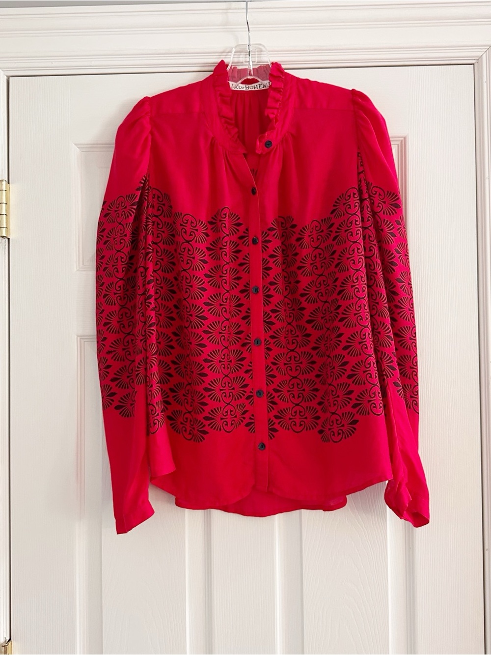 ALIX OF BOHEMIA Artemis Trellis Shirt Red Cherry Button Ruffle Designer Top Med - Picture 10 of 15